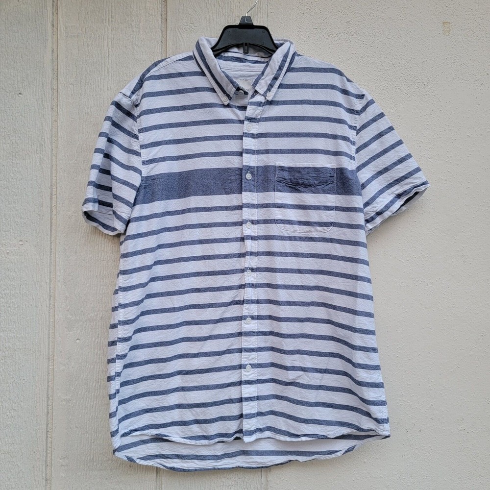 mens american eagle blue & wht striped button down short sleeve shirt sz large